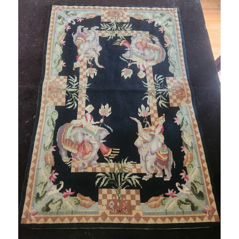 Vintage 2x3‎ French Handmade Aubusson Rug Black Elephant